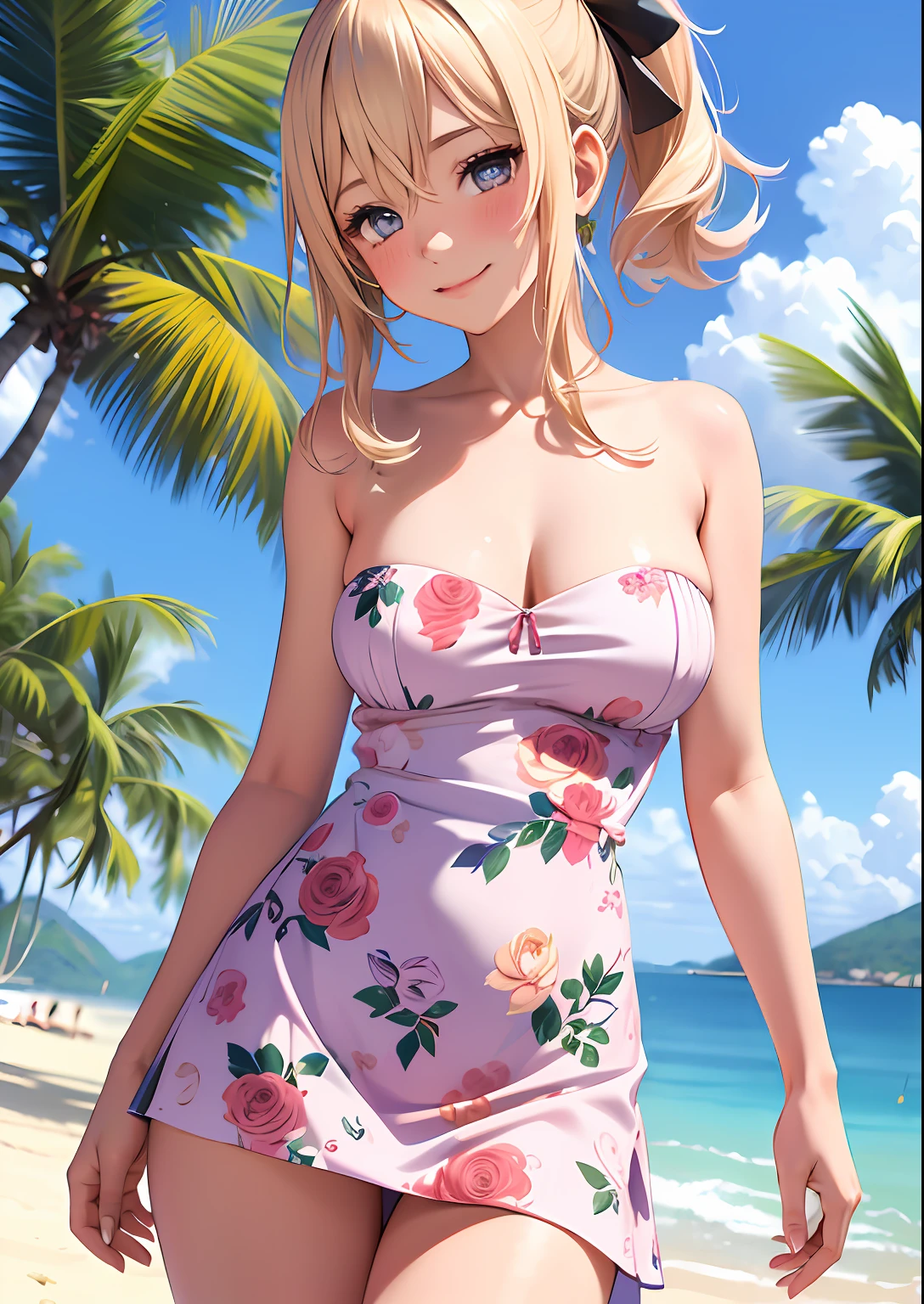 1girl, adult woman, (Naked: 1.4), (Blushing:1.4), (Loose strapless dress with no pleats, floral print, naked), blushed, Smile, Cowboy Shot, Slim body, Small breast, small boobs, Full Body, Detailed background: Beach and palmtrees, summer