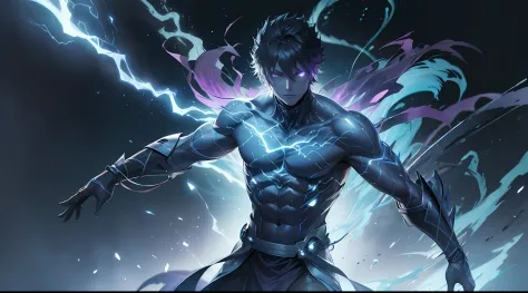 epic anime style, purple lightning, evil temperament, 20-year-old male shadow assassin, glowing black aura, shadow supervisor, h...