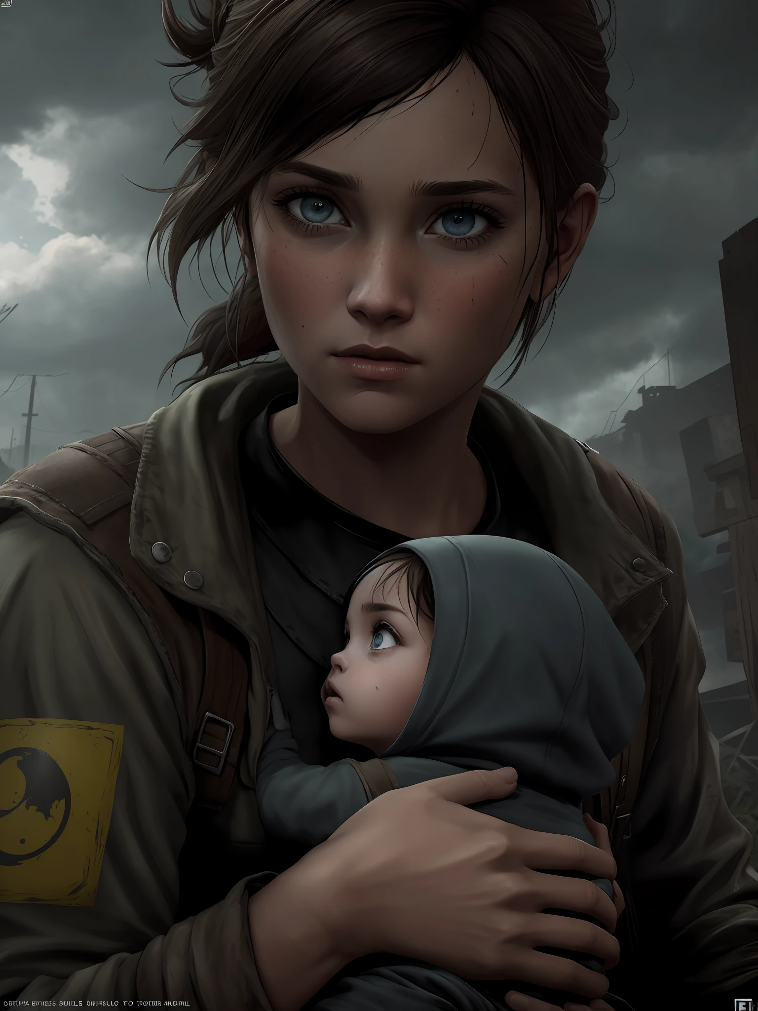 Imagine uma capa para o livro, sem titulo na imagem, A Story of Survival in the Zombie Apocalypse. A capa apresenta um fundo escuro e opressivo, with threatening clouds. No centro da capa, Destaques Vick, a protagonista corajosa, 14 anos, Holding the baby in your arms, olhos azul, Ellie Face The Last of Us Game. She's in a pose of determination, with the gaze reflecting courage and resilience. Ao redor de Vick, sombras sinistras de zumbis se destacam, conveying the constant threat she faces. The title "Fim" aparece em letras marcantes e impactantes, talvez com um efeito de textura ou sombreamento. detalhes sutis, as rubble or a symbol representative of the plot, can be added to accentuate the post-apocalyptic mood.