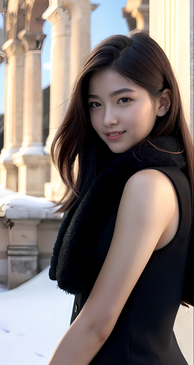 Masterpiece, Realistic, Hyperrealistic, Best quality, rinoa,2 girls,duo,In Castel Sant'Angelo in Rome,navel,winter,Snow,crowd, Long hair, Black hair, arm warmer, sleeveless coat, Black shirt, arm ribbon, Upper body, From the side Side, (Smile), Wind, RAW photo, Delicate, (Intricate details:1.3), hyper-detailing, finely detailed, Colorful, dark shadow, 1girll, Solo, 8K  UHD, filmgrain, (Photorealistic:1.3), (Detailed skin:1.2), Beautiful detailed eyes, skin textures, sun light,