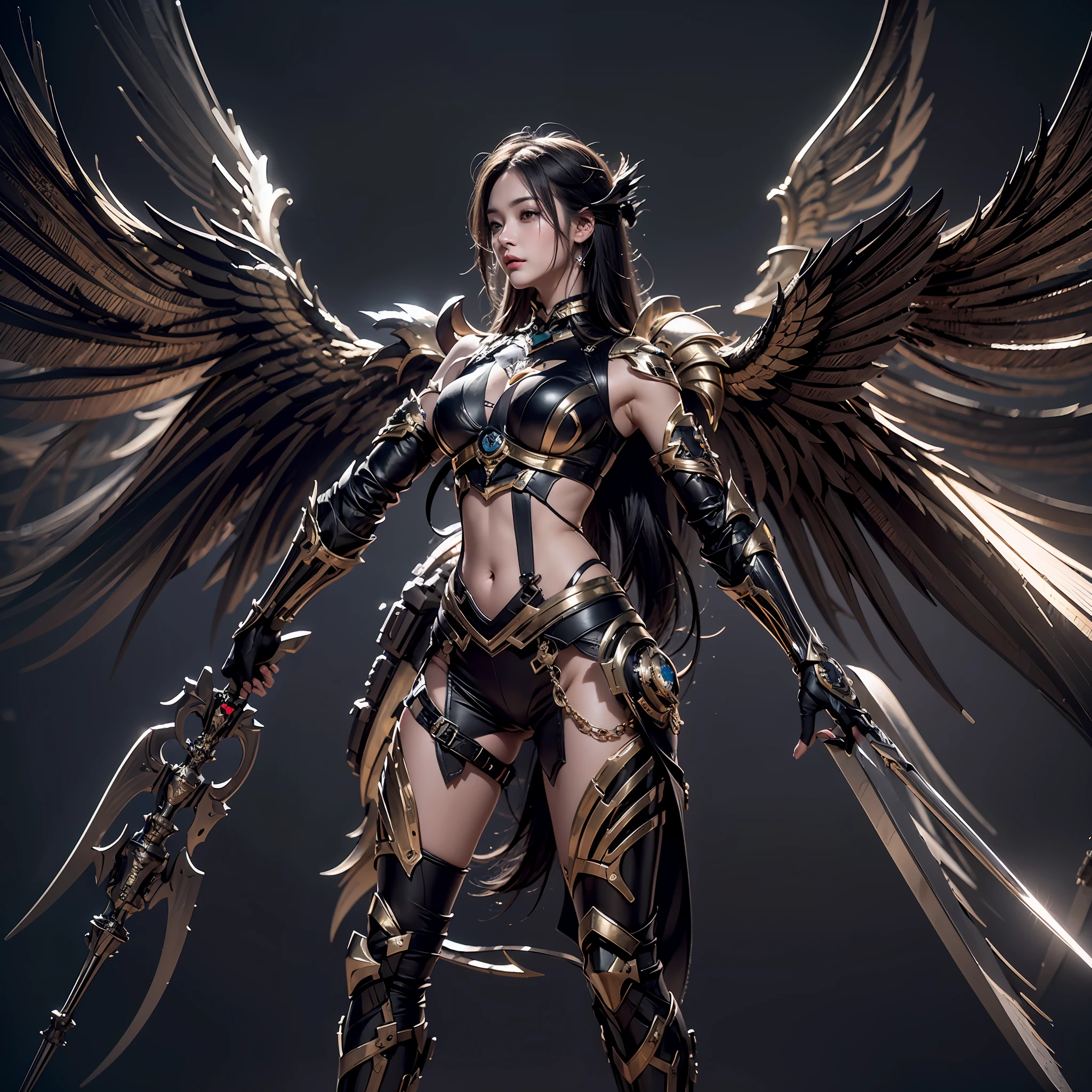 1girll，Dark Angel Warrior，(((On the back there is a pair of large black half-body wings)))，Black titanium，Metal wings，（（Metal wings）），（（Black gold metal armor）），high detal，（beautifulface），Perfect facial features，red tinted hair，Black and gold greatsword，Futuristic technical background，apathy、Aloof、On the high horse，atmospurate、macro，Realistis，hdr（HighDynamicRange）、Ray traching、NVIDIA RTX、Hyper-Resolution、illusory 5、sub surface scattering、post-proces、Anisotropy Filtering、depth of fields、maximum definition and sharpness，Surface coloring、Accurately simulate light-material interactions、perfectly proportions、rendering by octane、largeaperture、Low ISO、White balance、the rule of thirds、8K raw data、lightand shade contrast