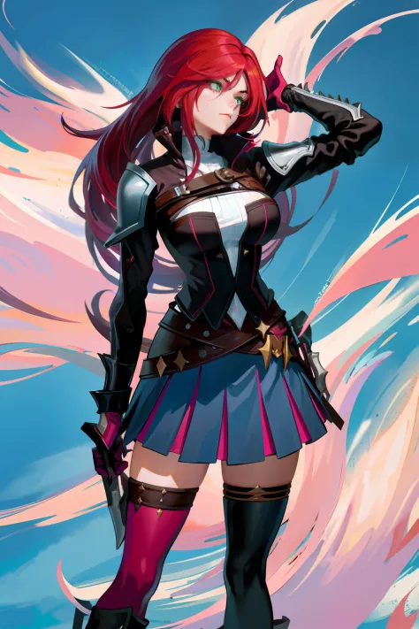 katarina de league of legends: 1.5), (cabelo vermelho 1.5), the character is the katarina of league of legends, she's holding a ...