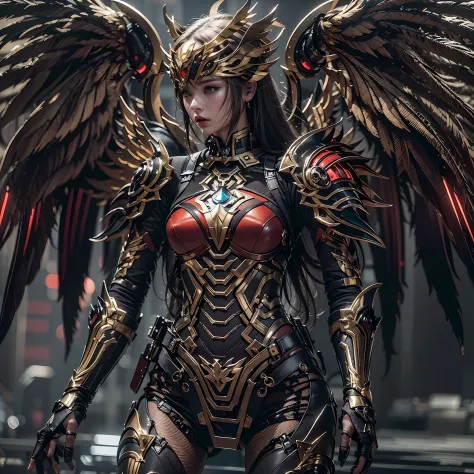 1girll，Dark Angel Warrior，(((On the back there is a pair of large black half-body wings)))，Black titanium，Metal wings，（（Metal wi...