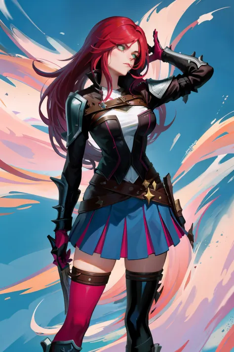 katarina de league of legends: 1.5), (cabelo vermelho 1.5), the character is the katarina of league of legends, she's holding a ...