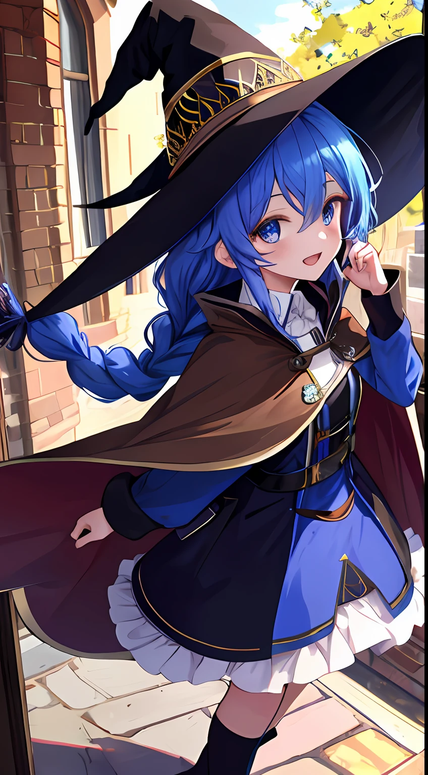 roxy migurdia, Masterpiece, Best quality, Very detailed background, Cafe, hand on own cheek, Open mouth, Smile, arms back behind, bangs, Black tiara, Blue eyes, Blue hair, Braid, Brown cape, Cape, hair between eye, Hat, Long hair, Witch hat