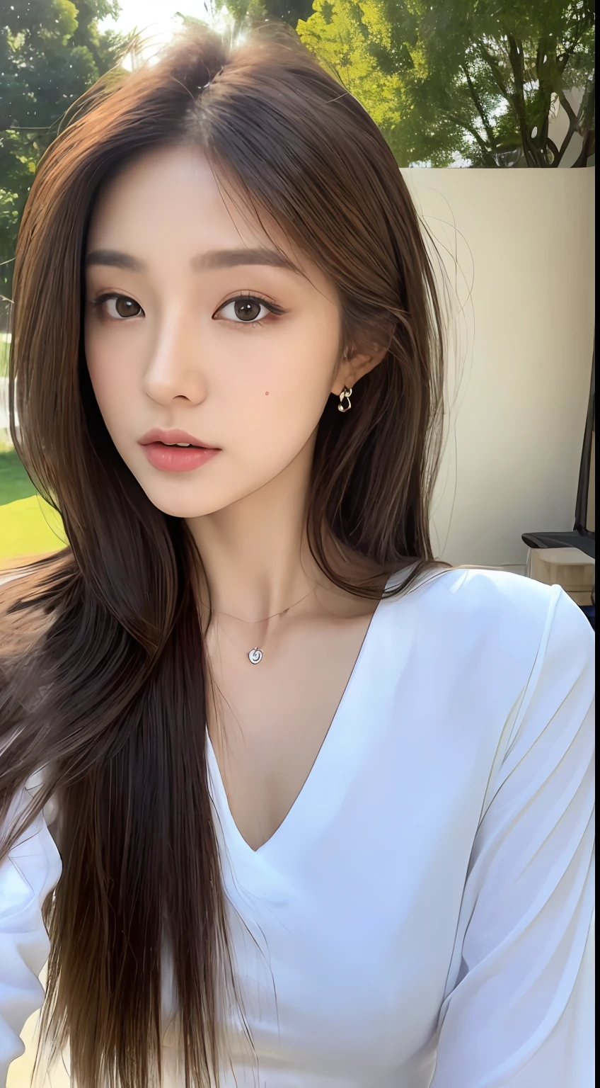 ((Realistic lighting, best quality, 8k, masterpiece: 1.3)), sharp focus: 1.2, 1 girl, beauty with perfect figure: 1.4, slender abs: 1.1, ((layered hairstyle)), (white shirt: 1.4), (outdoor: 1.1), ultra-fine face, fine eyes, double eyelids,