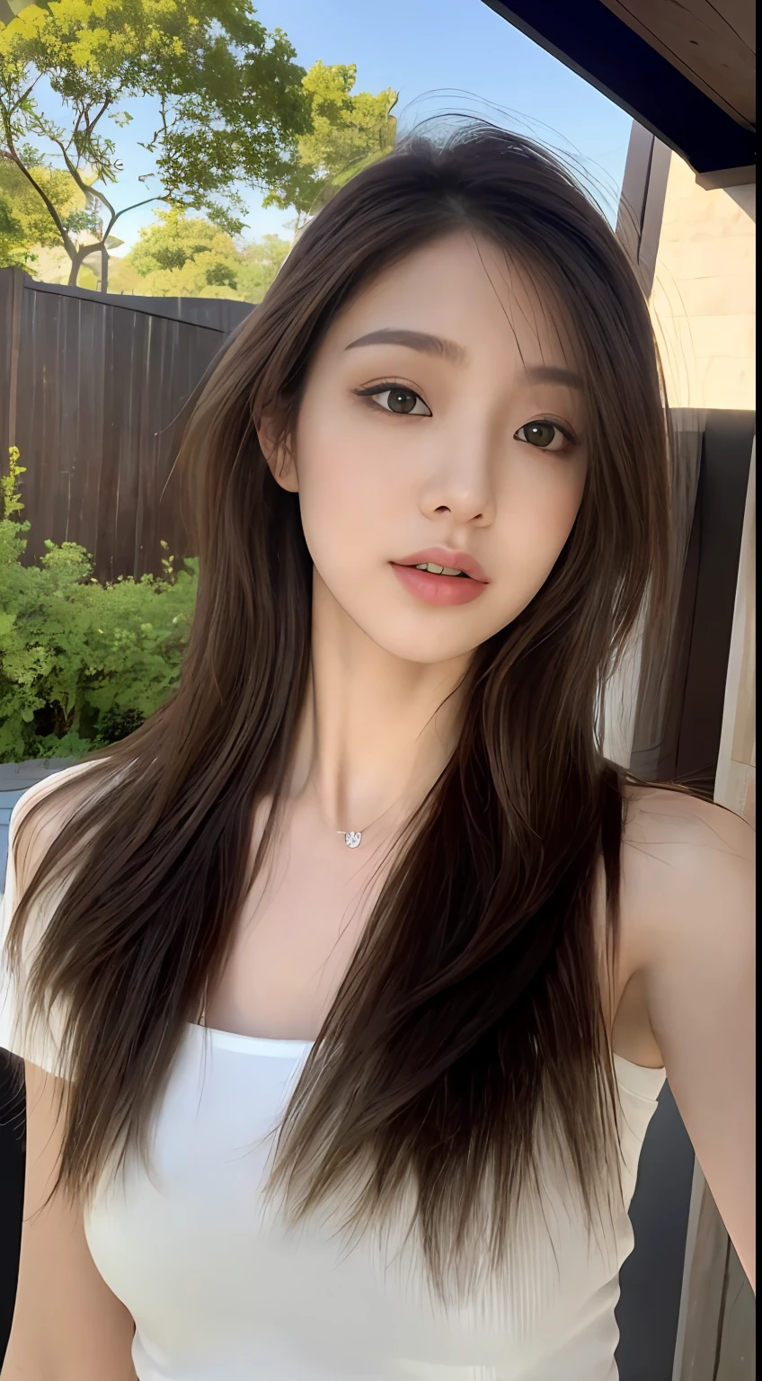 ((Realistic lighting, best quality, 8k, masterpiece: 1.3)), sharp focus: 1.2, 1 girl, beauty with perfect figure: 1.4, slender abs: 1.1, ((layered hairstyle)), (white shirt: 1.4), (outdoor: 1.1), ultra-fine face, fine eyes, double eyelids,