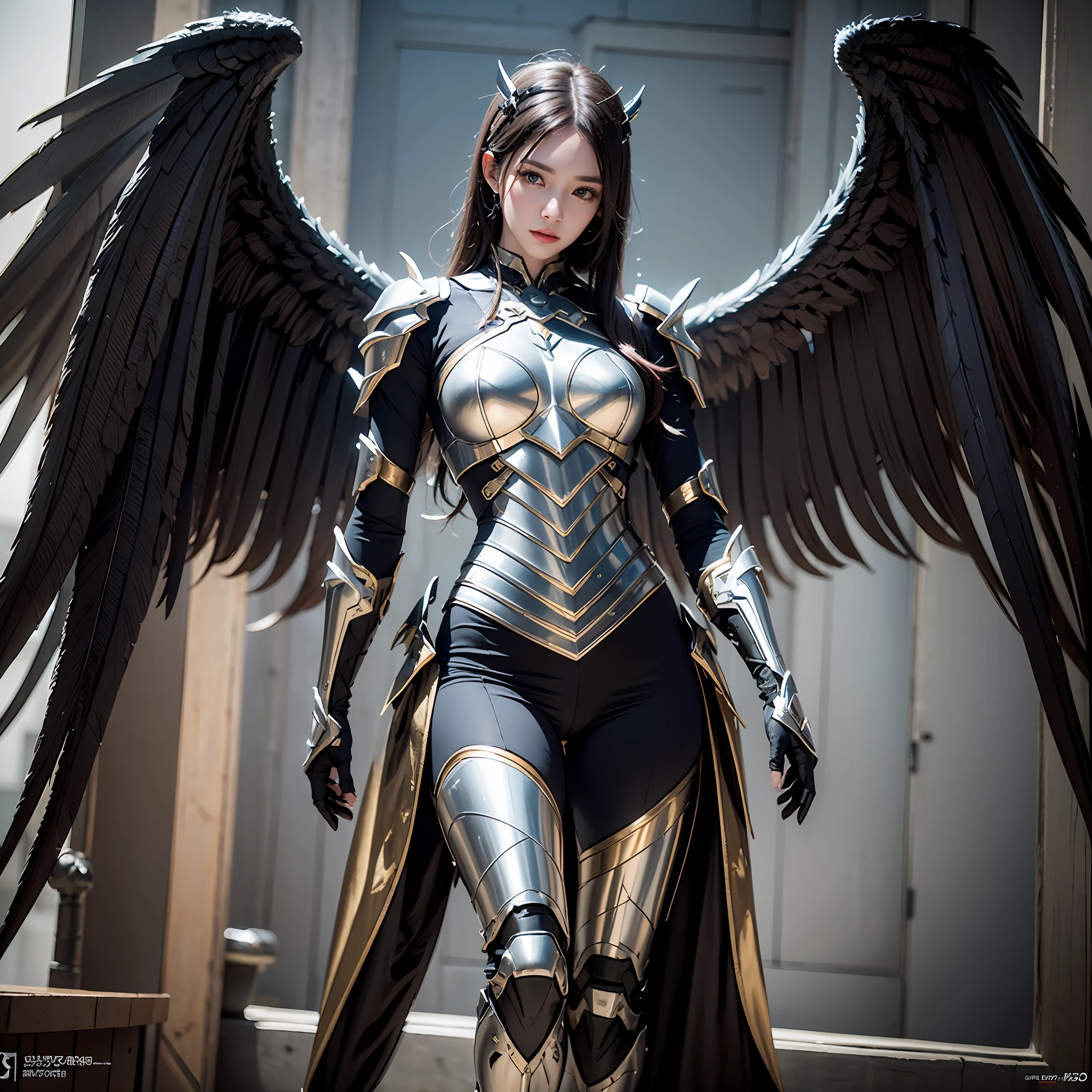 1girll，Dark Angel Warrior，(((On the back there is a pair of large black half-body wings)))，Black titanium，Metal wingetal wings）），（（Black gold metal armor）），high detal，（beautifulface），Perfect facial features，red tinted hair，Black and gold greatsword，Futuristic technical background，apathy、Aloof、On the high horse，atmospurate、macro，Realistis，hdr（HighDynamicRange）、Ray traching、NVIDIA RTX、Hyper-Resolution、illusory 5、sub surface scattering、post-proces、Anisotropy Filtering、depth of fieldaximum definition and sharpness，Surface coloring、Accurately simulate light-material interactions、perfectly proportions、rendering by octane、largeaperture、Low ISO、White balance、the rule of thirds、8K raw data、lightand shade contrast