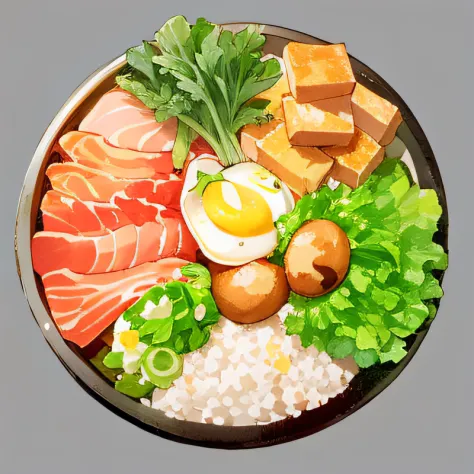 hand painted style，Estilo de Makoto Shinkai，Food illustration，anime food，down view。 There was a plate of food，Green onion。Includes fruits and vegetables, and eggs, Baked tofu, shiitake, Beef slices, Chamomile, Konjac silk,