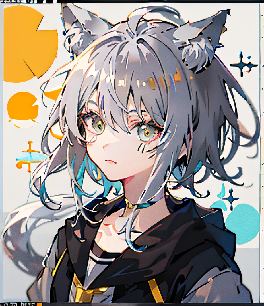 style animé, （（（Cheveux argentés dégradés noirs））），Kagamine Rin，style artistique anime moe, Style animé. 8k, Anime girl avec des oreilles de loup, chat virtuel, personnage de style anime,  animé stylisé, stylisation animée, Fille mignonne de loup d&#39;anime, réalisé avec le studio de peintre d&#39;anime, style artistique animé，，Yeux dorés foncés，