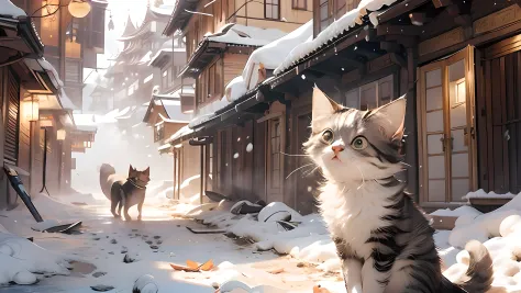 (masterpiece:1.2, high quality),cats,ojo,double, snow mountain,high jump,cute,(orange and white short hair),ancient architecture...