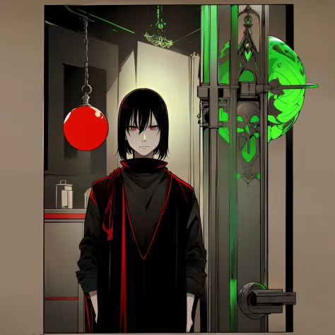 ((one man)), (black short hair), white hiccups, pale skin, black cloth robe, a sphere with red liquid in his hand, a large lock ...