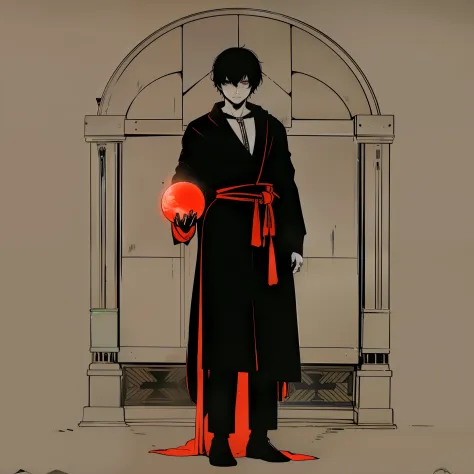 ((one man)), (black short hair), white hiccups, pale skin, black cloth robe, a sphere with red liquid in his hand, a large lock ...