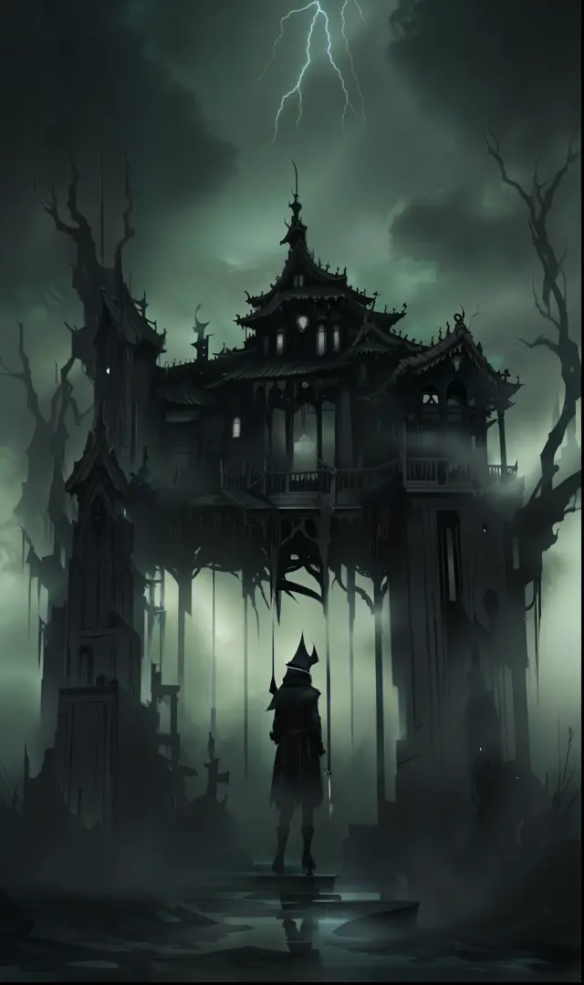 The image depicts a dark and creepy scene，Includes dark and contrasting tones。the are In the background，There is a majestic and ...