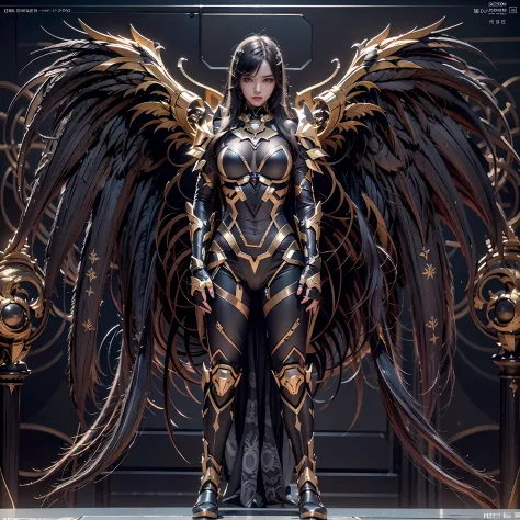 1girll，Dark Angel Warrior，(((On the back there is a pair of large black half-body wings)))，Black titanium，Metal wings，（（Metal wi...