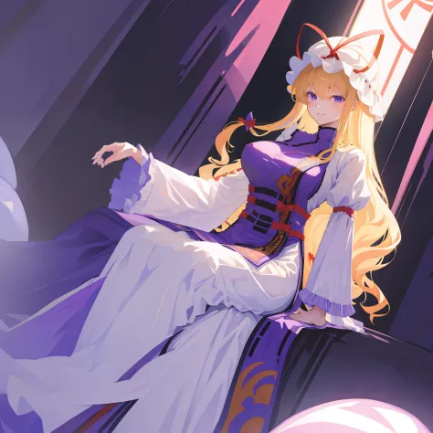 , touhou project、yakumo purple、yakumo yukari、illustratio, 1 girl, solo, long hair,fullnude、a blond、爆乳、on the bet、sit up