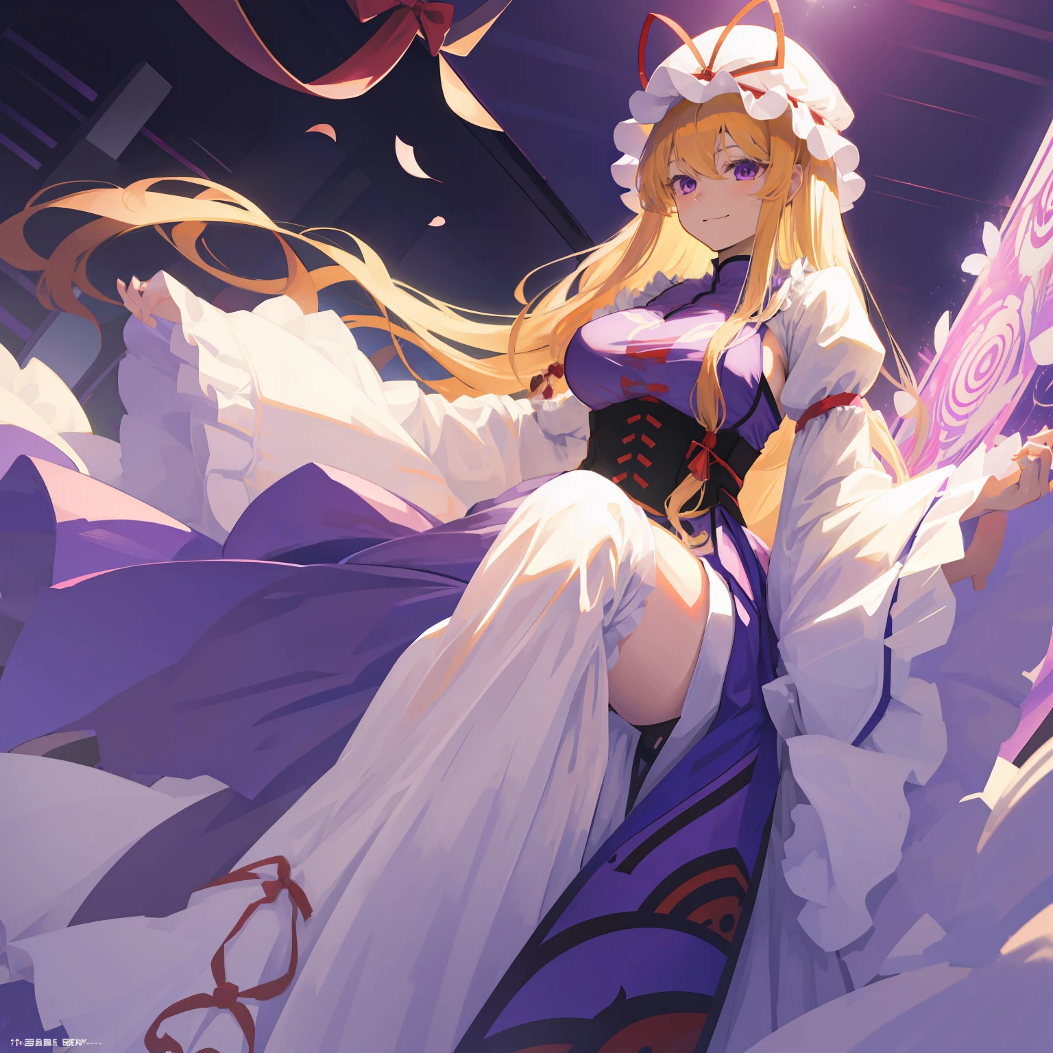 , Touhou Project、Yakumo purple、Yakumo Yukari、illustratio, 1 girl, Solo, Long hair,fullnude、a blond、爆乳、On the bet、Sit up