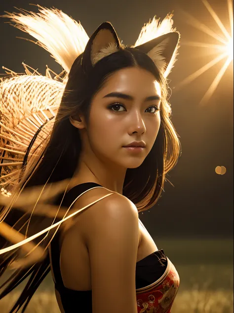 (best quality, masterpiece), 1girl, samurai, particle, wind, looking at viewer, fox ear, backlighting, upper body, pose