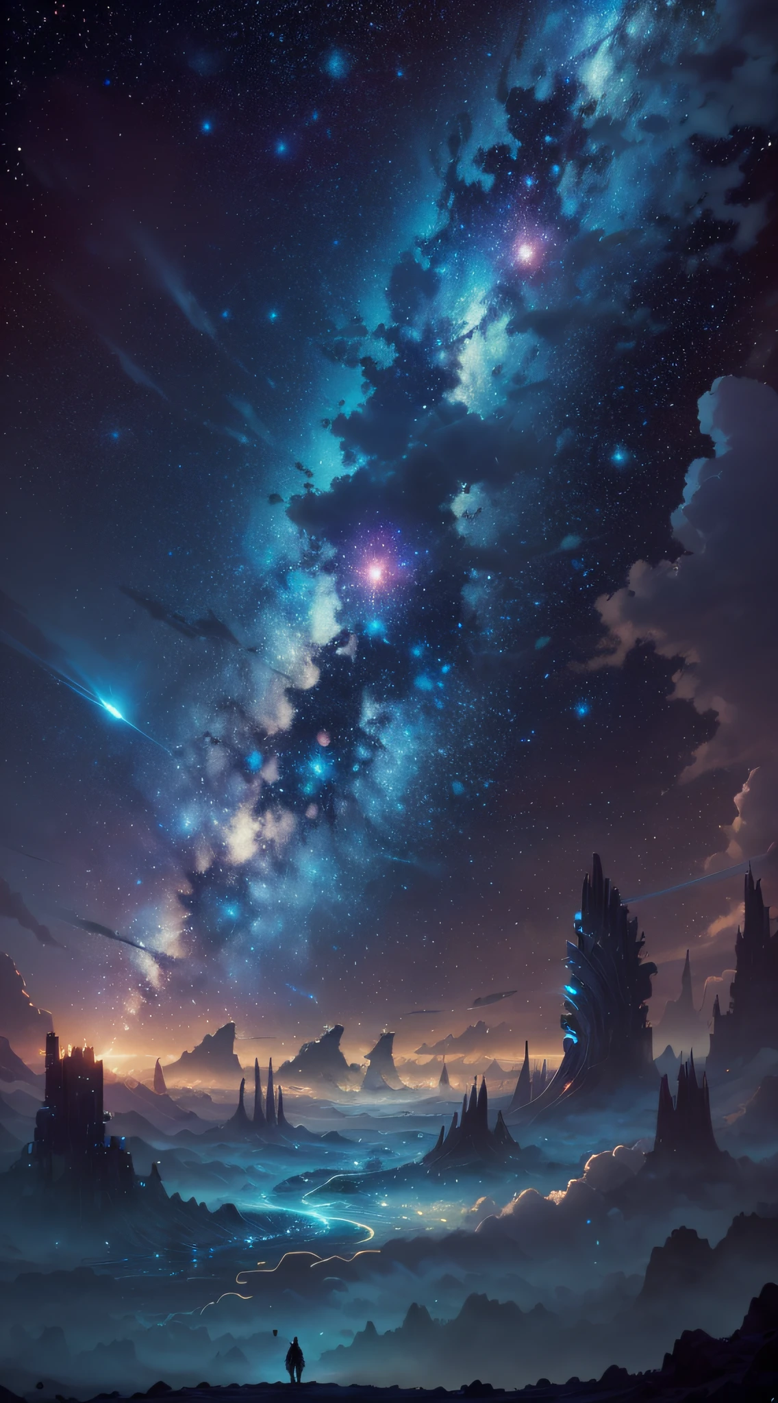 the starry sky, the planet, Futurism, cinematic lighting, masterpiece