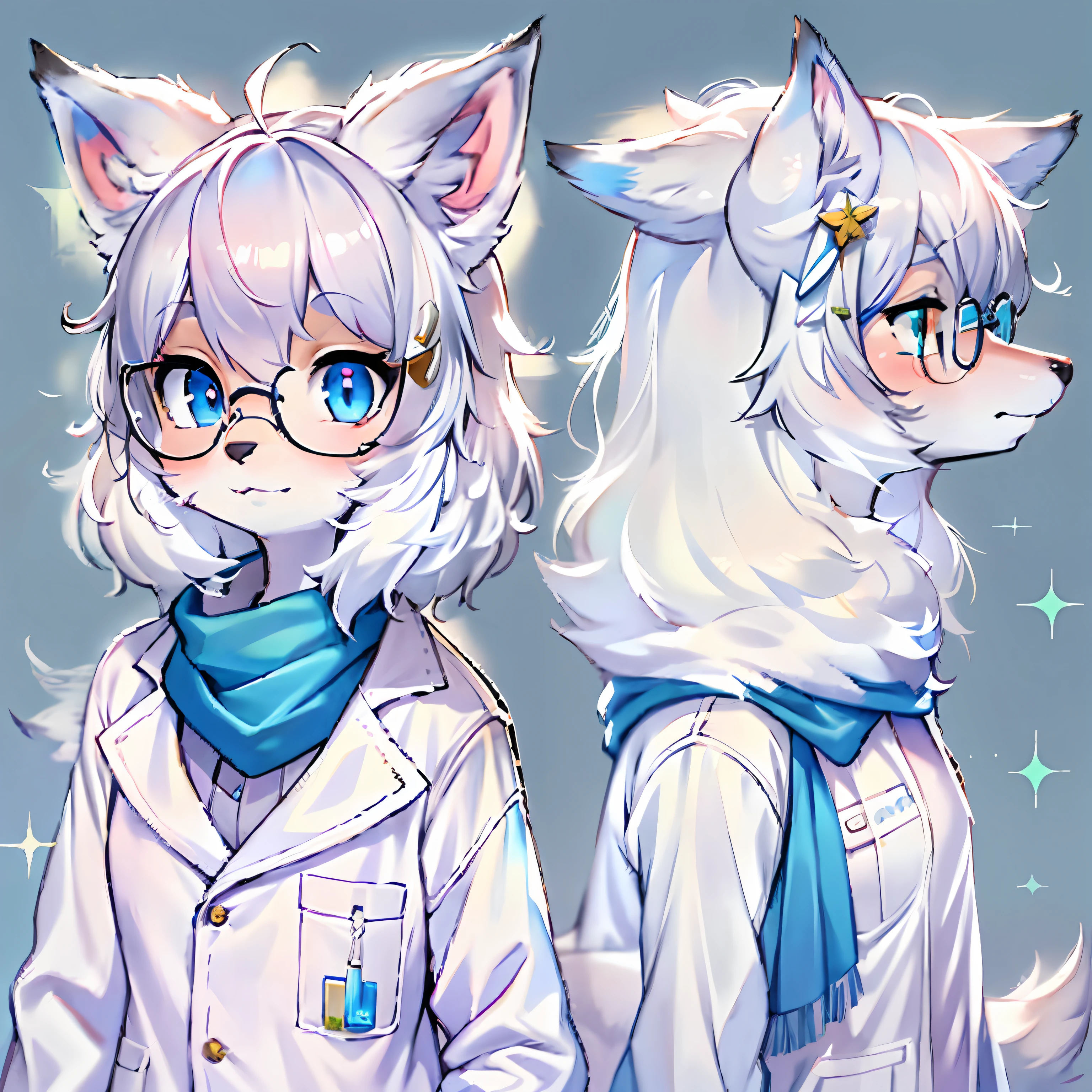 Anime character with arctic fox ears wearing lab coat and blue scarf，Fluffy blue fur,Wear half-rimmed glasses, furry artist, Anime moe art style,  8K high quality detailed art，professional furry drawing，anatomically correct vulpine