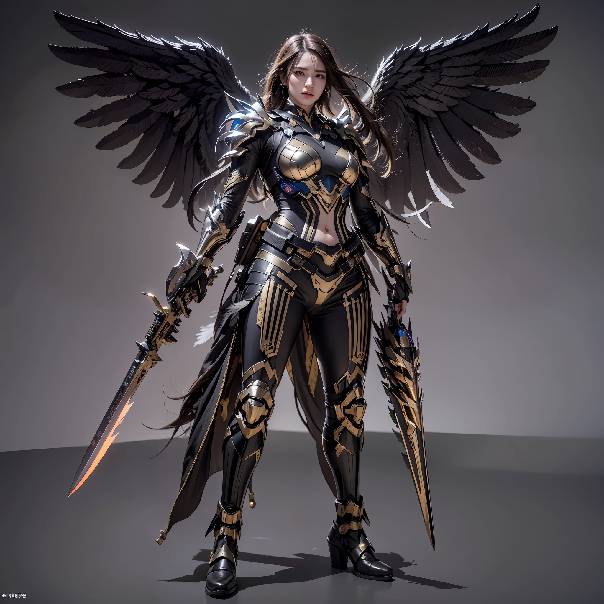 1girll，Dark Angel Warrior，(((On the back there is a pair of large black half-body wings)))，Black titanium，Metal wingetal wings）），（（Black gold metal armor）），high detal，（beautifulface），Perfect facial features，red tinted hair，Black and gold greatsword，Futuristic technical background，apathy、Aloof、On the high horse，atmospurate、macro，Realistis，hdr（HighDynamicRange）、Ray traching、NVIDIA RTX、Hyper-Resolution、illusory 5、sub surface scattering、post-proces、Anisotropy Filtering、depth of fieldaximum definition and sharpness，Surface coloring、Accurately simulate light-material interactions、perfectly proportions、rendering by octane、largeaperture、Low ISO、White balance、the rule of thirds、8K raw data、lightand shade contrast