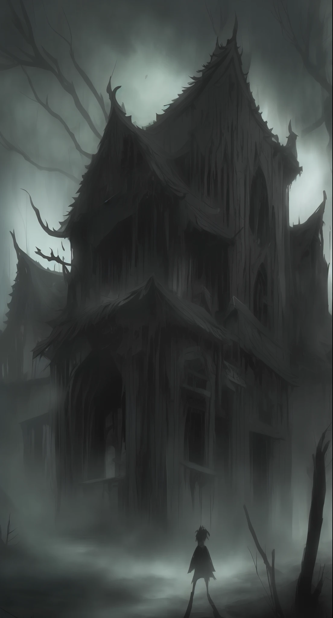 The image depicts a dark and creepy scene，Includes dark and contrasting tones。the are In the background，There is a majestic and dilapidated Gothic mansion，Its towers reach out into the night sky。Its stone walls have been worn and decayed by time，The atmosphere of abandonment and melancholy intensified。The starry sky is covered with thick dark clouds，dark stormy clouds。Lightning cuts the horizon，Cast a brief flash of light，Illuminate the surroundings，Reveal ominous details。The full moon hovers in the sky，Shrouded in a spectral halo，His supernatural presence is highlighted。In front of the mansion，There is an abandoned garden，Where withered and prickly plants grow disorderly。Rough leafless trees cast ominous shadows over the terrain。Dead black flowers bloom in a twisted spiral，Evokes a decaying sense of life。There is no image center，Destaka - If it's a  human form。She's standing，With an air of despair and pain。His face was gloomy，The expression is a mixture of fear and pain。The person puts his hand on his face，He seemed to be in pain，Fight the pain inside。The figure is surrounded by ominous shadows，These shadows stretch and twist on the ground，It looks like a pre-named la no lugar。These shadows create an illusion of movement，And make it feel like the characters are trapped in an endless nightmare。The scene is sparsely lit，Focus on specific points，Highlight the element key，Add mystery and suspense。The main color is black，greys，Brown and dark purple，Create a dark and suffocating environment。There are no conjunctions，Gothic style illustrations have depth，Try to capture the essence of anxiety and despair。It depicts a melancholy world，Repressed and full of negative emotions，The audience is immersed in a whirlwind of dark emotions。