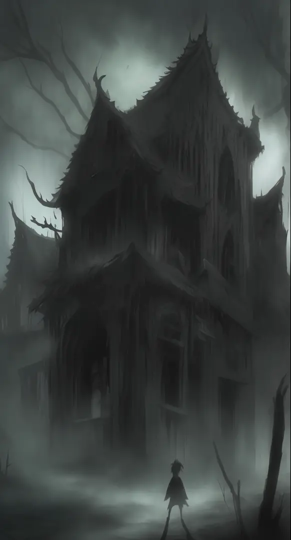 The image depicts a dark and creepy scene，Includes dark and contrasting tones。the are In the background，There is a majestic and dilapidated Gothic mansion，Its towers reach out into the night sky。Its stone walls have been worn and decayed by time，The atmosp...