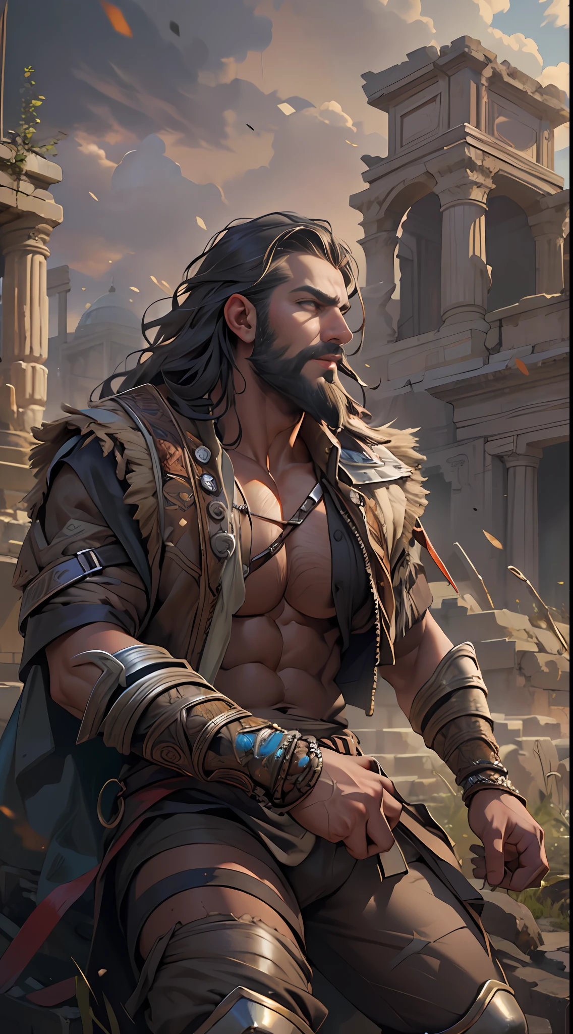 Sculpted hero, upper body uncovered, legs exposed from thighs to feet, bearded with beaded facial hair, luxuriant long curls, intricate muscularity, photorealistic portrayal, 4K resolution. Background: Epic battlefield with ancient ruins.,32k uhd, best quality, masterpiece, super detail, high details