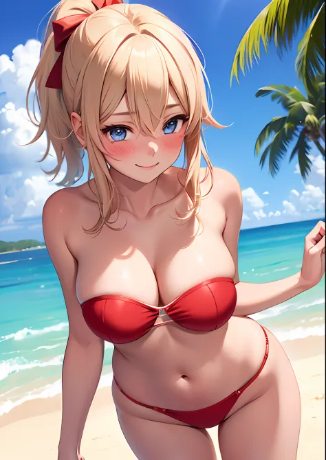 1girl, adult woman, (Blushing:1.4), (red bikini, strapless bra), blushed, Smile, Cowboy Shot, Slim body, Small breast, small boobs, Full Body, Detailed background: Beach and palmtrees, summer