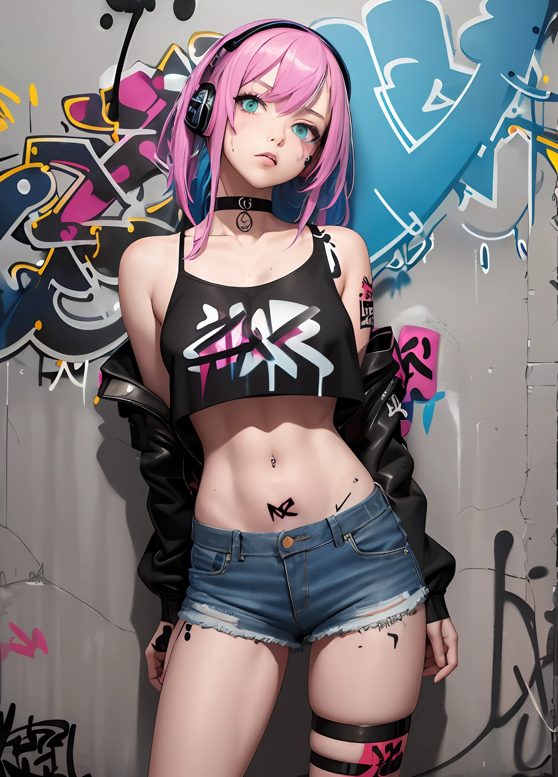 Masterpiece, Best Quality, 1Girl, Female Soldier Solo, Cropped Top, Denim shorts, Choker, (graffiti:1.5), paint splatter, arms behind back, against wall, looking up at viewer, wristband, thigh strap, Paint on the body, head tilt, I am bored, multicoloured hair, aqua eyes, Headsets,