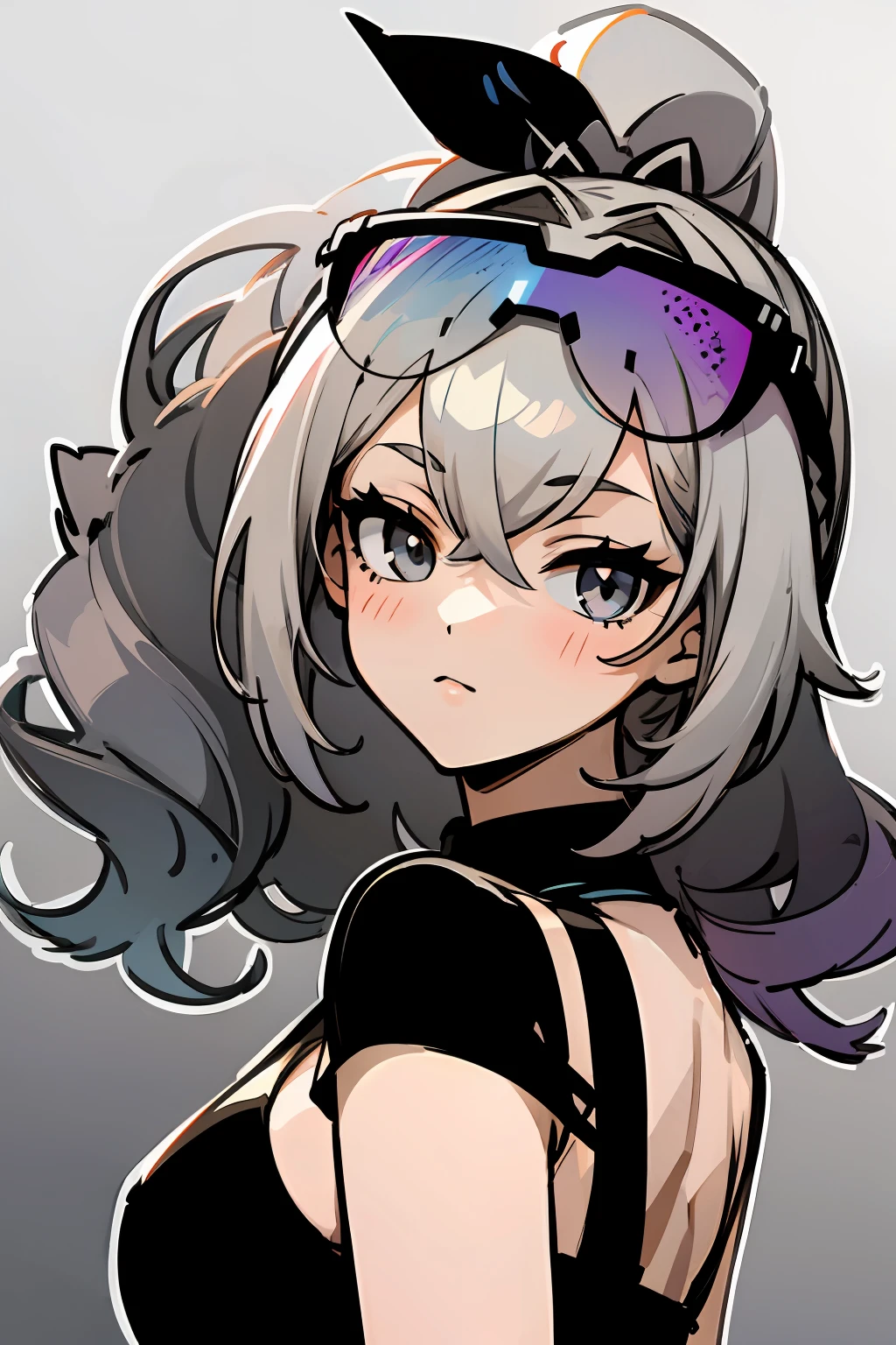 masterpiece, best quality, 1girl, SilverWolfV4, grey hair, wavy hair, ponytail, gradient on hair, eyewear on head, thic outlines, white outlines