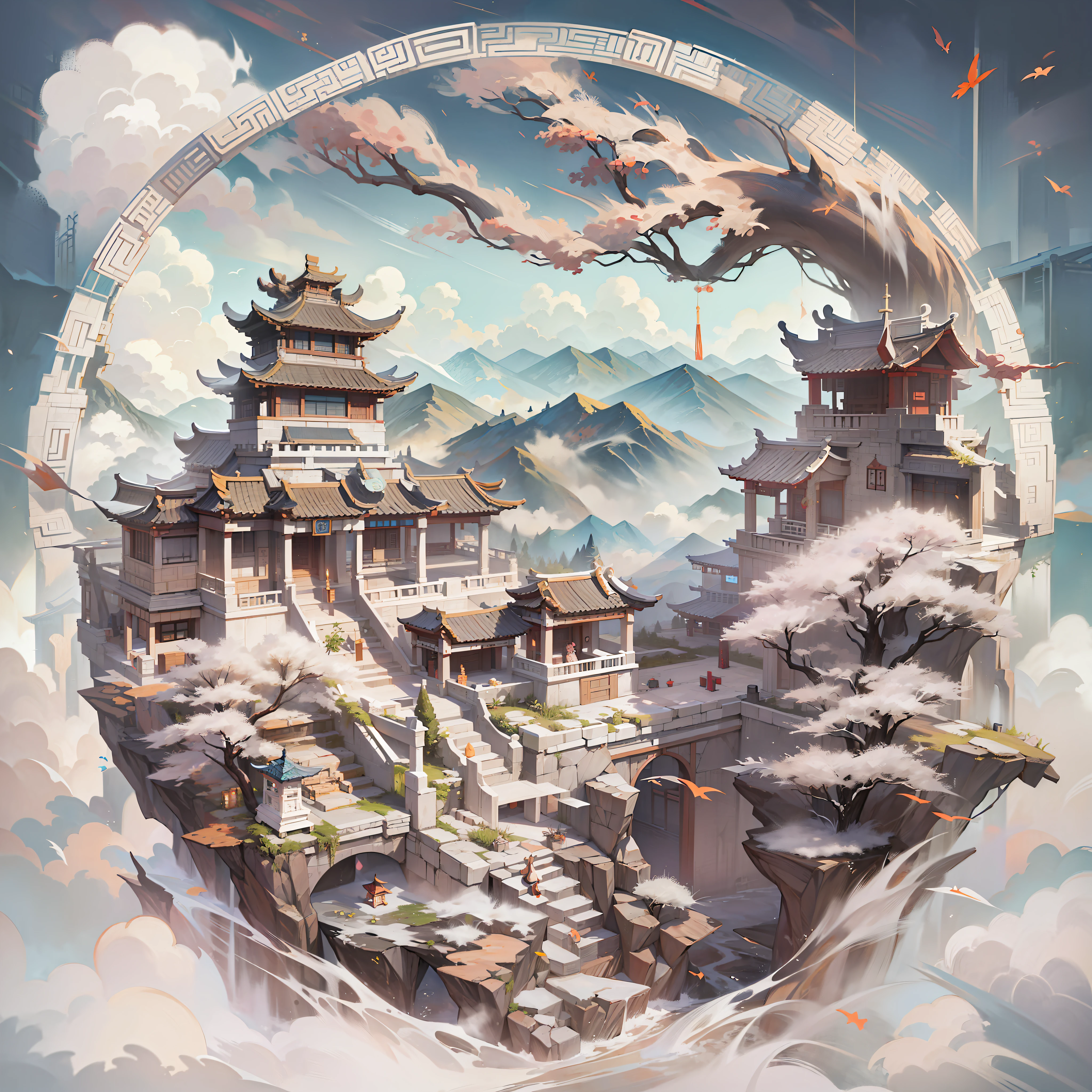 Baiyun is a fusion of various ancient buildings、Huge white clouds、、White ancient Chinese architecture、White Mountains，White Mountain Road、White stone stepagnifica、Great Artwork、fantasy、mito、Mono Color、arma,cleavage,(Magical Circle:1.1),xiuxian
