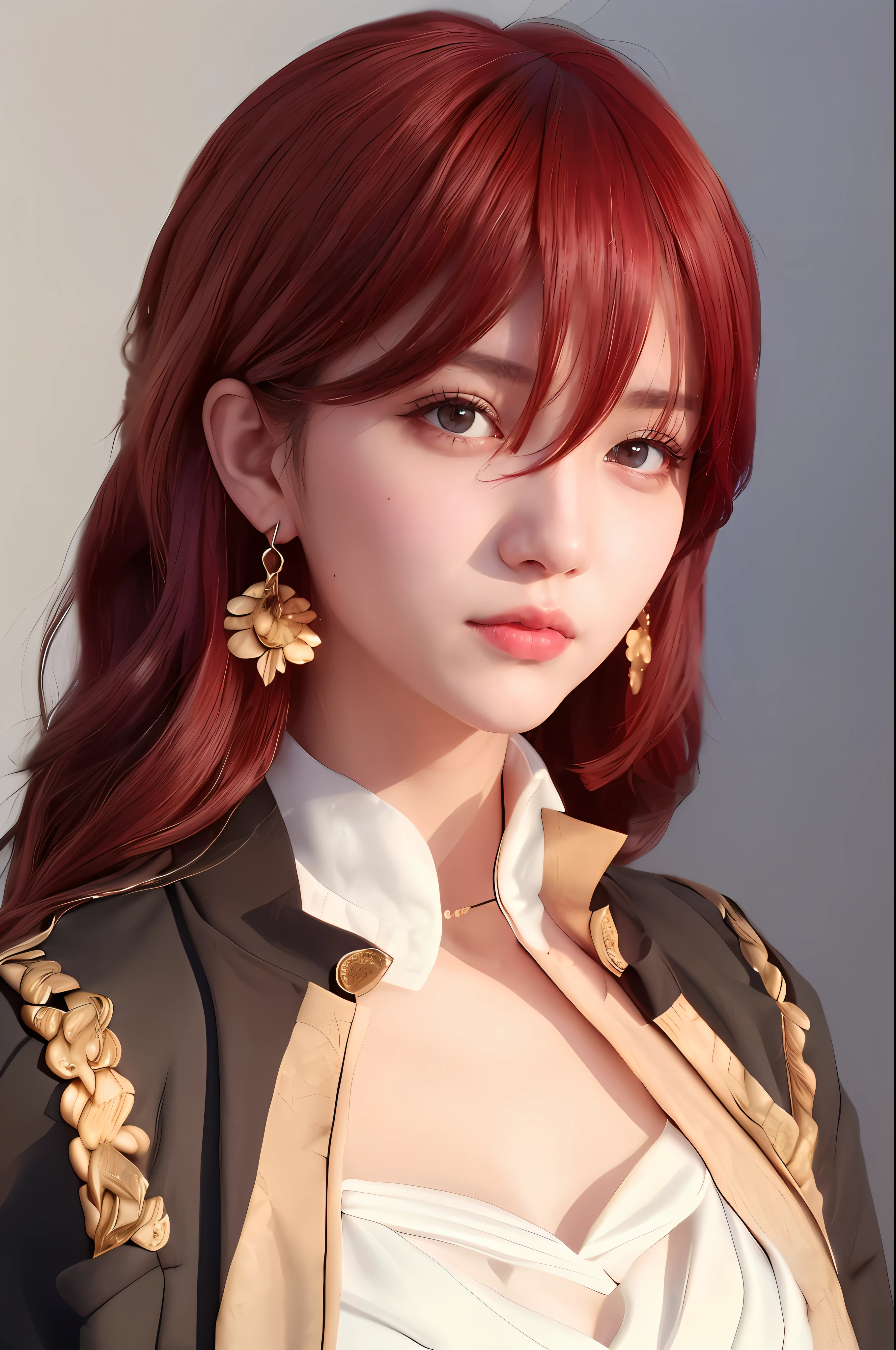 (8k, RAW photo, best quality, masterpiece:1.2), (realistic, photo-realistic:1.4),1girl,(Kpop idol), cute, professional lighting, photon mapping, radiosity, physically-based rendering,upper body,indoor, imperfect skin, red hair, hair between eyes, golden eyes