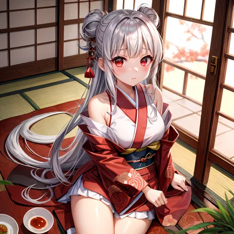 silber hair、Hair is up、red eyes、One girl、kawaii、animesque、Kimono、off shoulders、a miniskirt、red blush、traditional Japanese room、sitting on