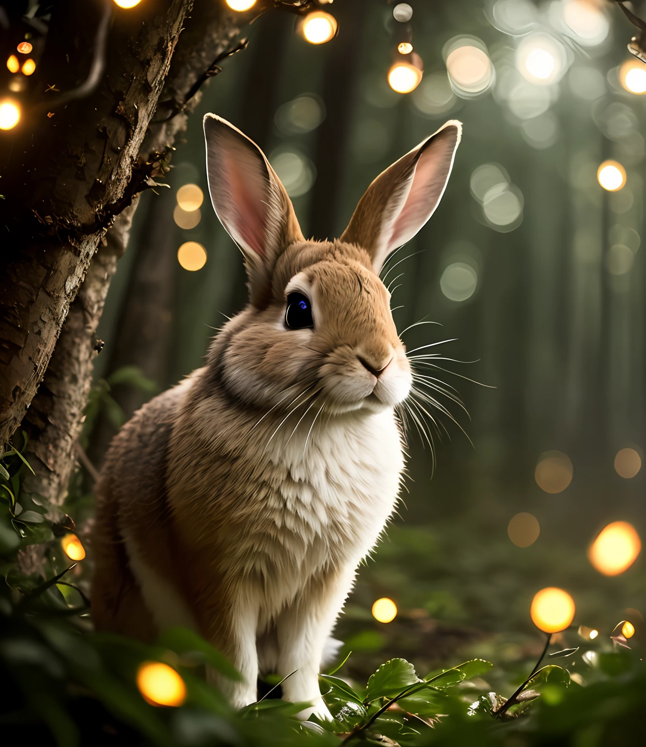 "Close up tiro de um coelho em uma floresta mágica à noite, cercado por vaga-lumes cintilantes. A cena é preenchida por uma névoa volumétrica hipnotizante, criando uma atmosfera de sonho. A imagem tem um brilho suave com bokeh bonito e iluminação dramática. O coelho está perfeitamente centrado, seguindo a regra dos terços. Tirado com uma lente de 200mm e uma abertura ampla de 1.4f para capturar detalhes macro intrincados."