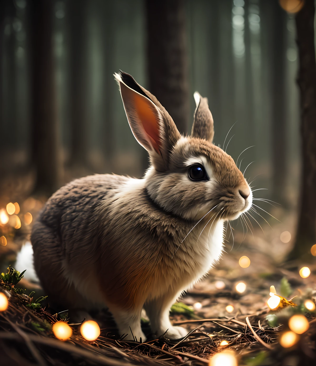 "Close up shot of a rabbit in a magical forest at night, surrounded by twinkling fireflies. The scene is filled with a mesmerizing volumetric fog, creating a dream-like atmosphere. The image has a soft glow with beautiful bokeh and dramatic lighting. The rabbit is perfectly centered, following the rule of thirds. Taken with a 200mm lens and a wide aperture of 1.4f to capture intricate macro details."