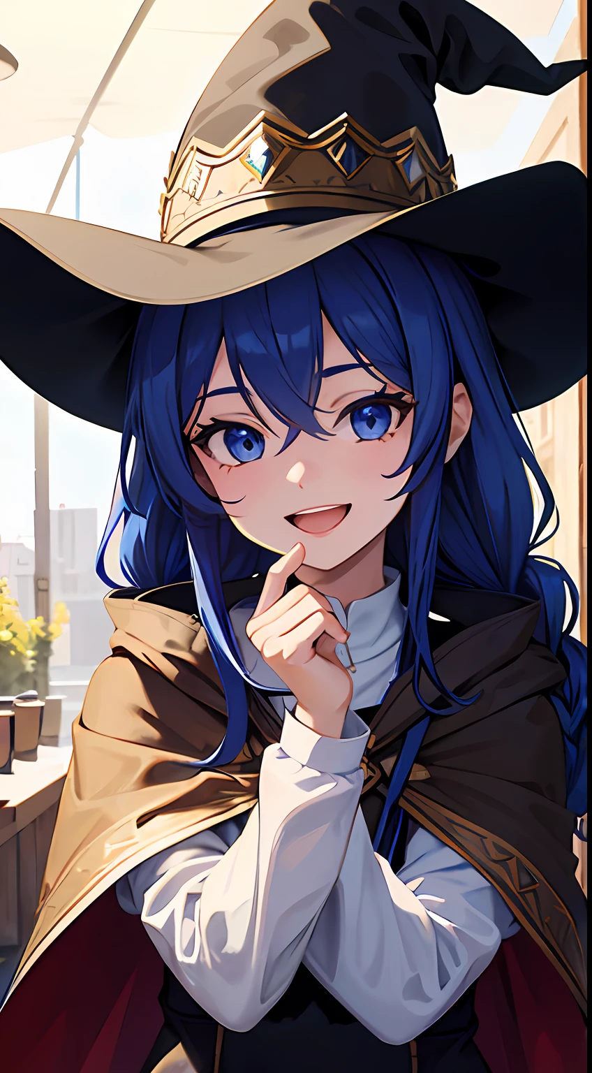 roxy migurdia, Masterpiece, Best quality, Very detailed background, Cafe, hand on own cheek, Open mouth, Smile, arms back behind, bangs, Black tiara, Blue eyes, Blue hair, Braid, Brown cape, Cape, hair between eye, Hat, Long hair, Witch hat