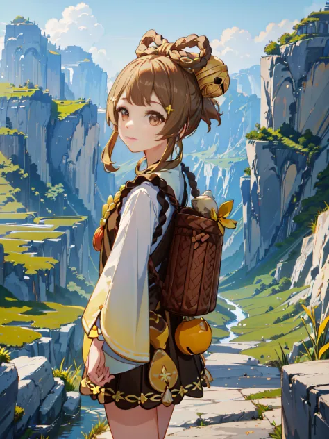 A serene illustration of Yaoyao walking in a picturesque countryside, with a blissful background softly blurred, and a few peopl...