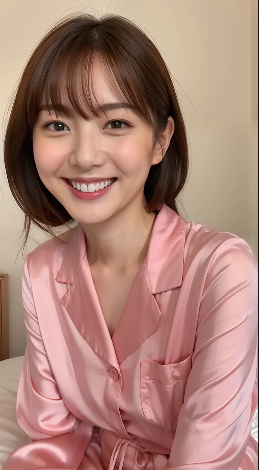 Japanerin im rosa Seidenpyjama sitzt auf dem Bett und lächelt,