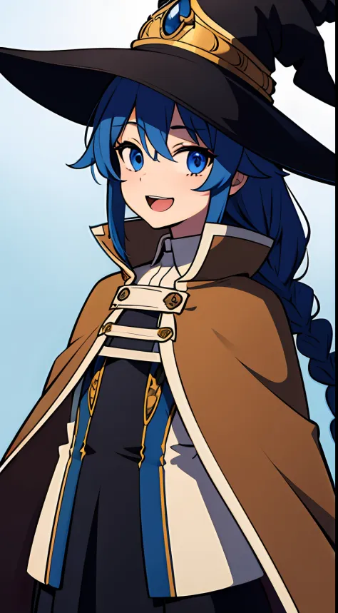 roxy migurdia, Masterpiece, Best quality, Very detailed background, Cafe, hand on own cheek, Open mouth, Smile, arms back behind, bangs, Black tiara, Blue eyes, Blue hair, Braid, Brown cape, Cape, hair between eye, Hat, Long hair, Witch hat