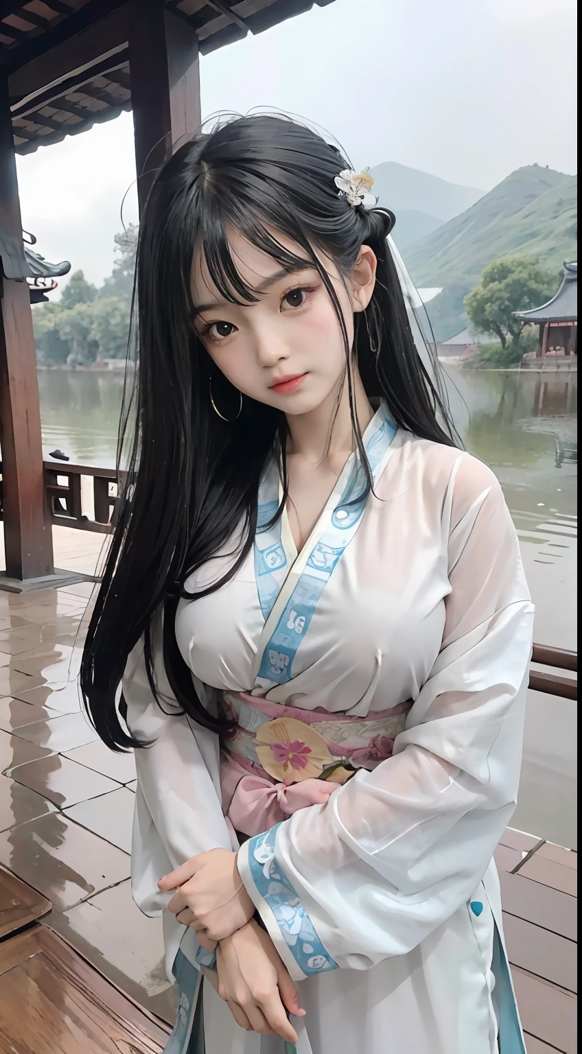 Master quality, highest quality, best picture quality, exaggerated details, a cute 8 year old asian  with a shy expression, slightly squinted eyes, adjusting her hair, long eyelashes (long hair / very, very exaggerated big breasts _  / in hanfu chinese luxury), posing in front of the camera, wet throught rain, wet breast