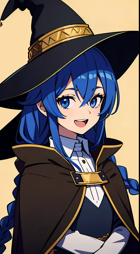 roxy migurdia, Masterpiece, Best quality, Very detailed background, Cafe, hand on own cheek, Open mouth, Smile, arms back behind, bangs, Black tiara, Blue eyes, Blue hair, Braid, Brown cape, Cape, hair between eye, Hat, Long hair, Witch hat