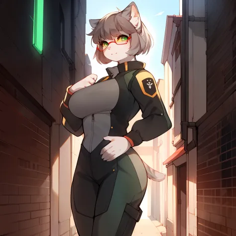 solo, female, feline, cat, ((green eyes with yellow sclera)), short dark mahogany hair, ((swept bangs)), alleyway, standing, sno...