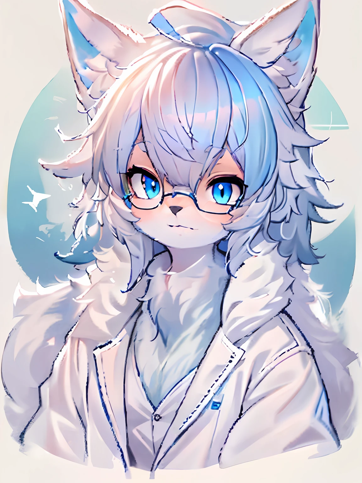 Anime character with arctic fox ears wearing lab coat and blue scarf，Fluffy blue fur,Wear half-rimmed glasses, furry artist, Anime moe art style,  8K high quality detailed art，professional furry drawing，Female
