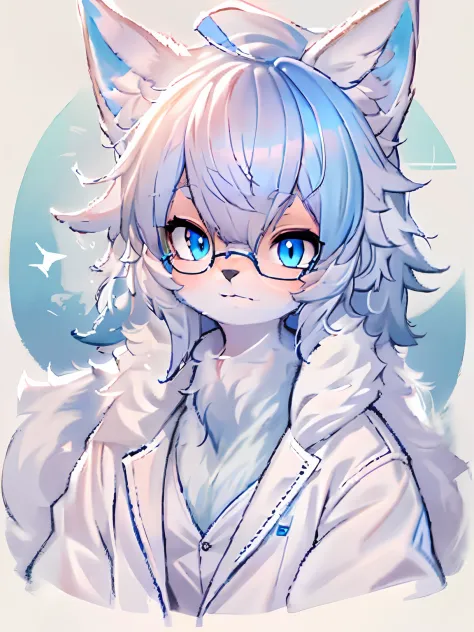 Anime character with arctic fox ears wearing lab coat and blue scarf，Fluffy blue fur,Wear half-rimmed glasses, furry artist, Ani...