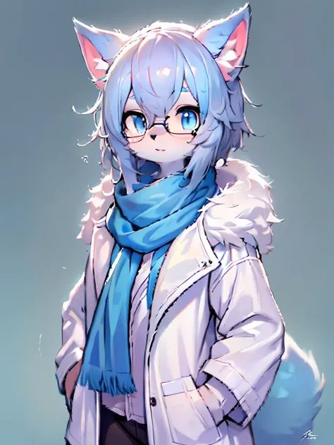 Anime character with arctic fox ears wearing lab coat and blue scarf，Fluffy blue fur,Wear half-rimmed glasses, furry artist, Ani...