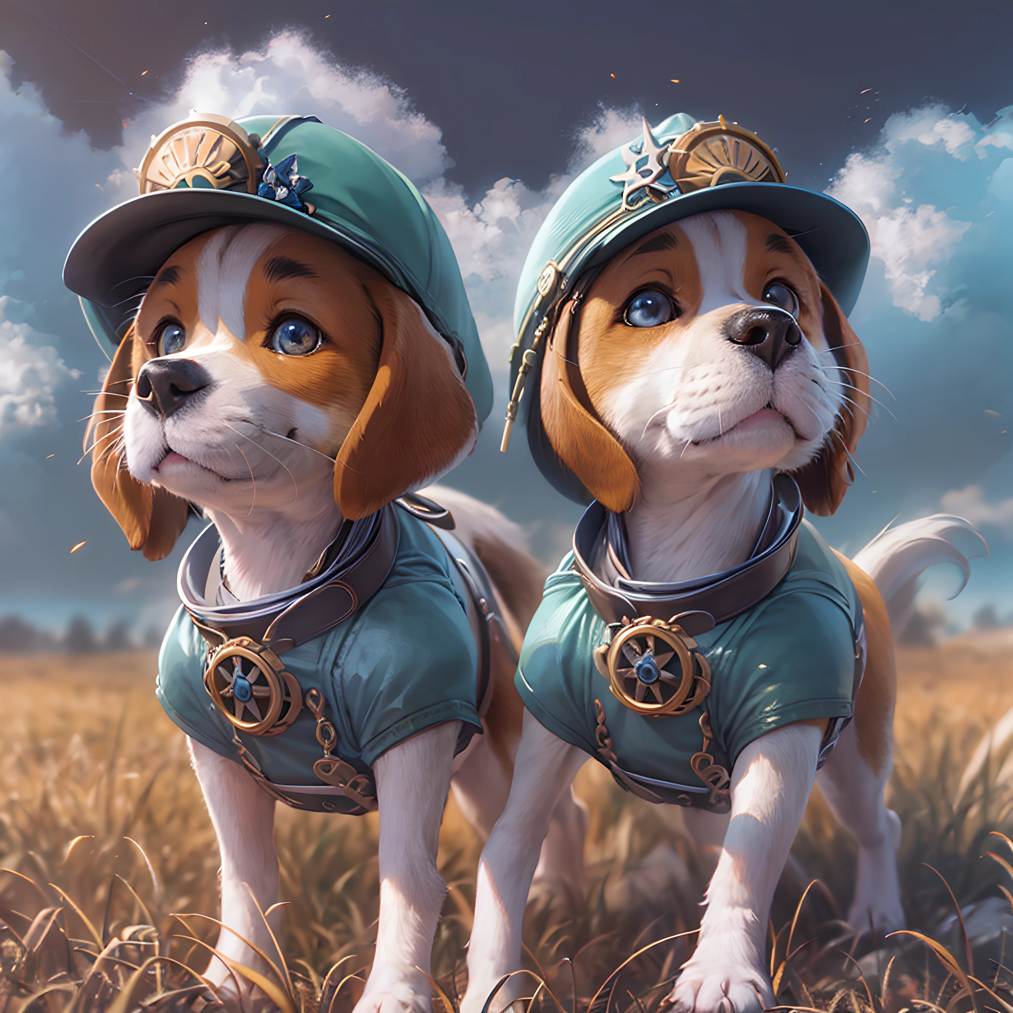 best quality beagle, Anime style, Clear skin, round eyes, Clear eyes, Various facial expressions, Cute hat, large grasslands, Wonderful clouds and sunshine, 3d rendered, (Best Illustration), (super detailed CG), digital painting, ultra-definition, 8k, --IOS 120, Anatomically correct, hoog detail, High Quality, HDR, unreal-engine, rich colors, Octane rendering, The ultra-Highres, High quality background, Reality Effect