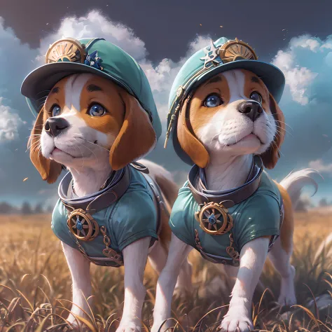best quality beagle, Anime style, Clear skin, round eyes, Clear eyes, Various facial expressions, Cute hat, large grasslands, Wo...