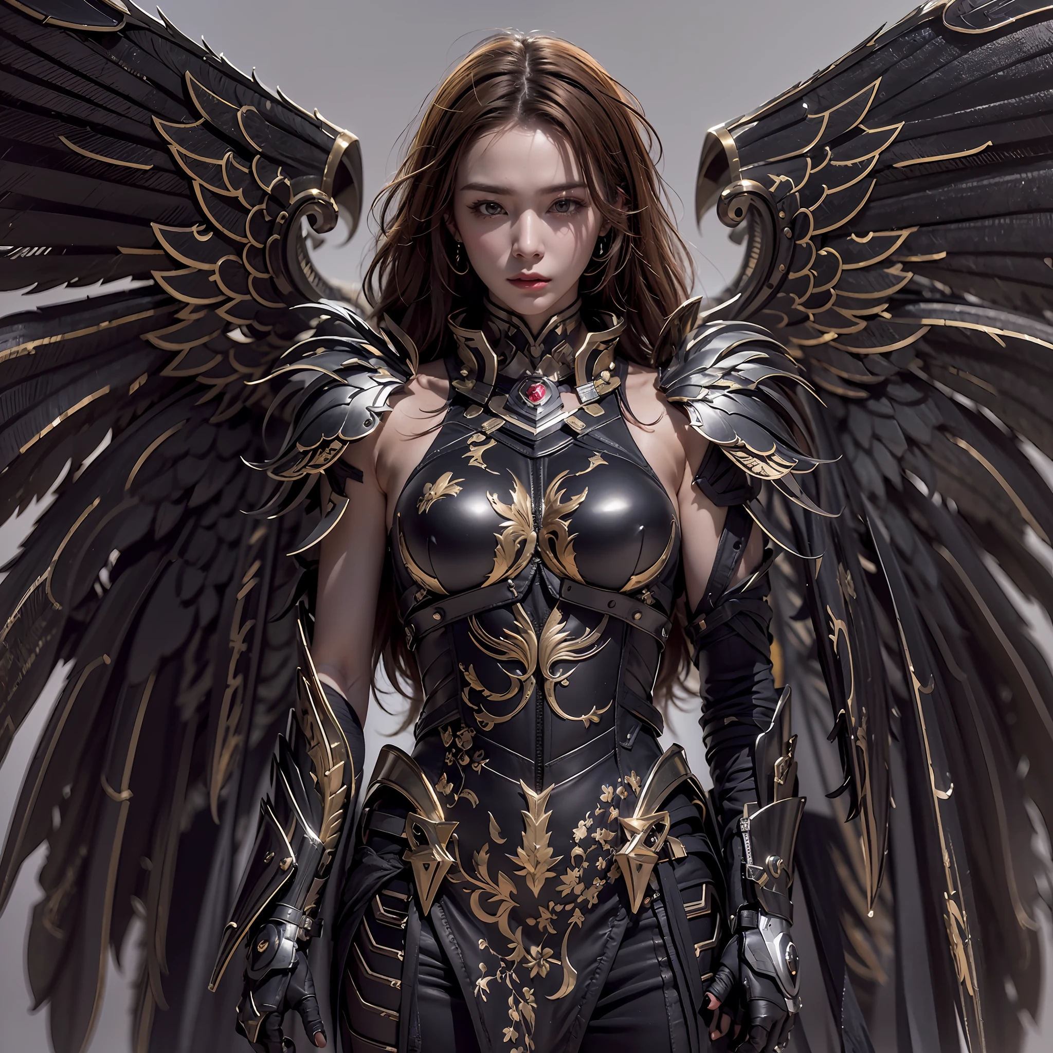 1girll，Dark Angel Warrior，(((On the back there is a pair of large black half-body wings)))，Black titanium，Metal wingetal wings）），（（Black gold metal armor）），high detal，（beautifulface），Perfect facial features，red tinted hair，Black and gold greatsword，Futuristic technical background，apathy、Aloof、On the high horse，atmospurate、macro，Realistis，hdr（HighDynamicRange）、Ray traching、NVIDIA RTX、Hyper-Resolution、illusory 5、sub surface scattering、post-proces、Anisotropy Filtering、depth of fieldaximum definition and sharpness，Surface coloring、Accurately simulate light-material interactions、perfectly proportions、rendering by octane、largeaperture、Low ISO、White balance、the rule of thirds、8K raw data、lightand shade contrast