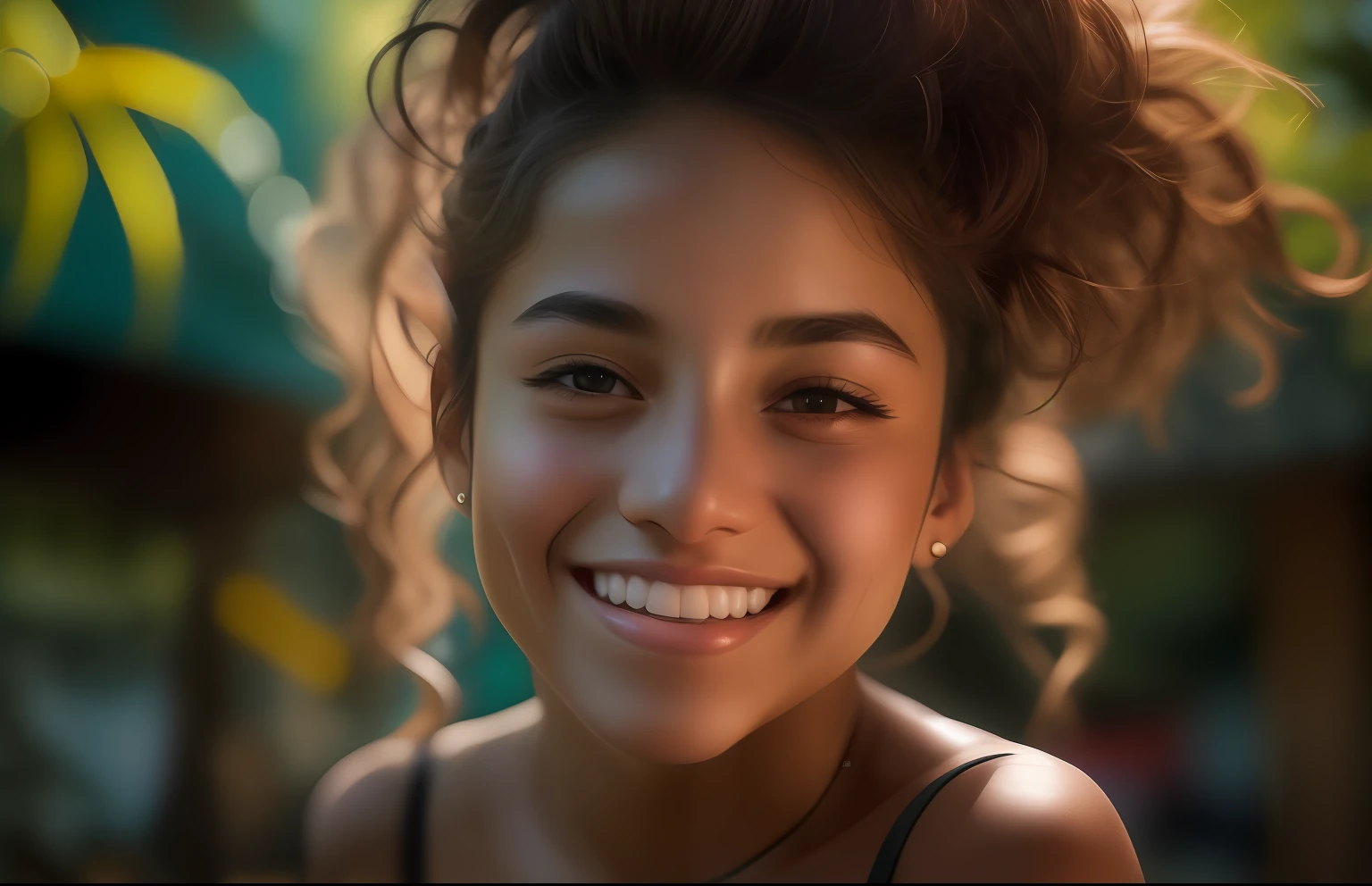 There is a young girl smiling and wearing a black top - SeaArt AI